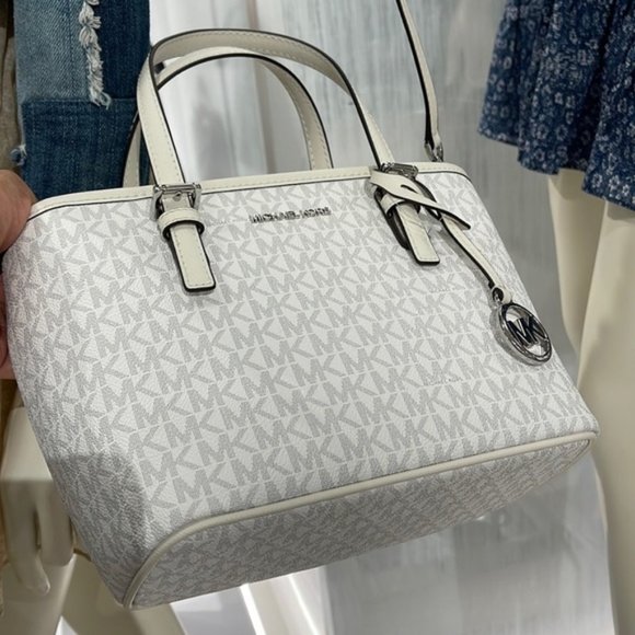 Michael Kors Jet Set Travel Extra-Small Logo Top-Zip Tote Bag Optic White Multi - Picture 15 of 16